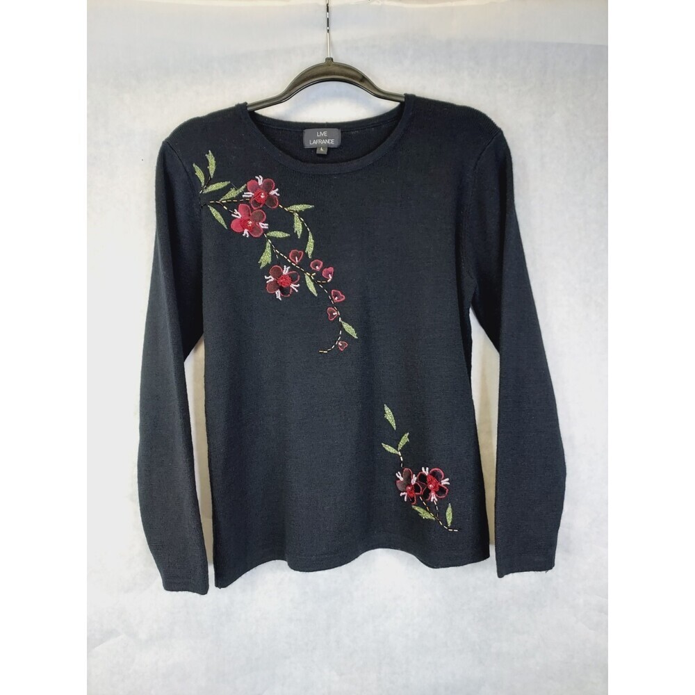 Live LaFrance Sweater Women's L Black Floral Embroidered Beaded Knit Wool Blend